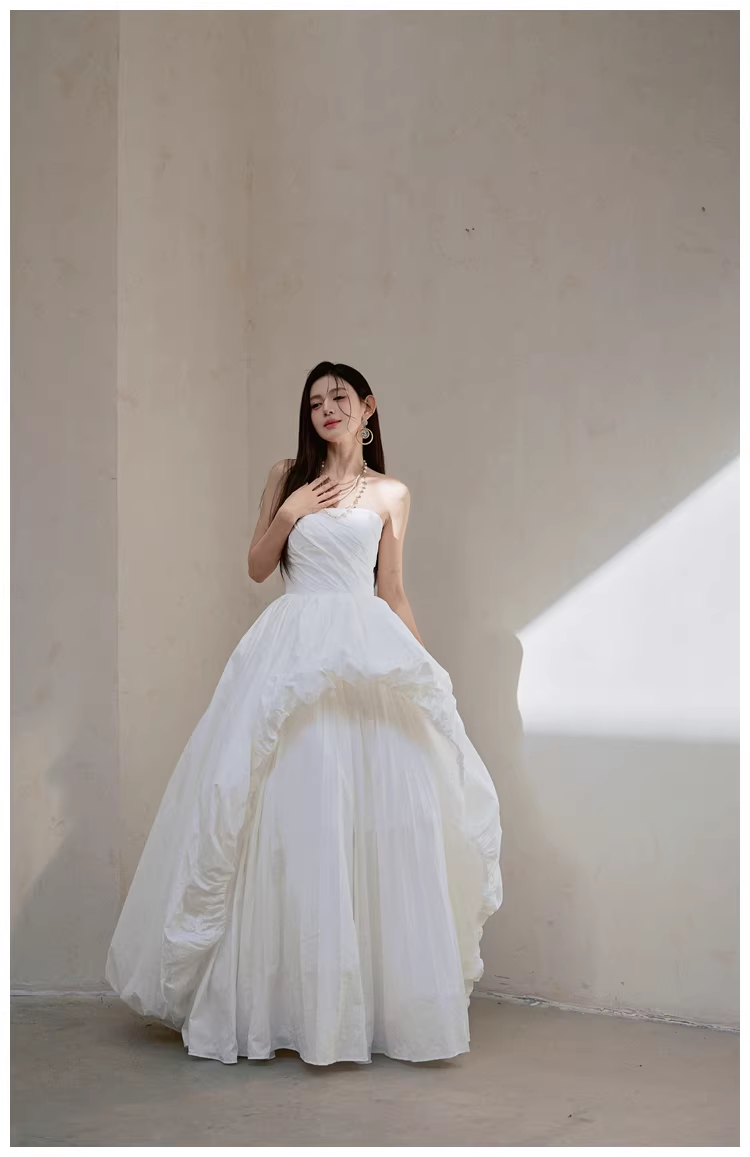 Charming Strapless White Satin Pleated Puff Birthday Party Dress Formal Prom Dresses - View 5 | FashionDia