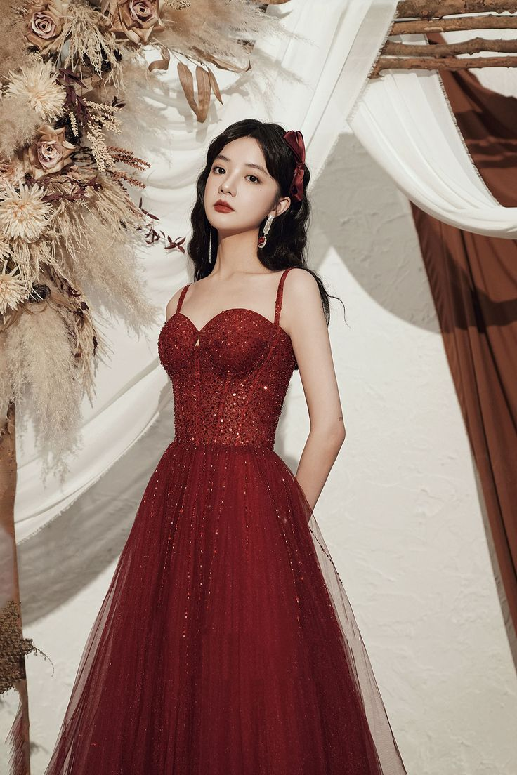 High quality sequin long prom dress burgundy evening dress Y4704 - VelvetHem