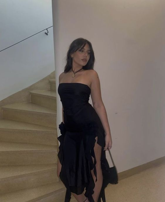 Sexy Black Strapless Black Slit Prom Dress Ruffles Party Dress With Floral - View 5 | FashionDia
