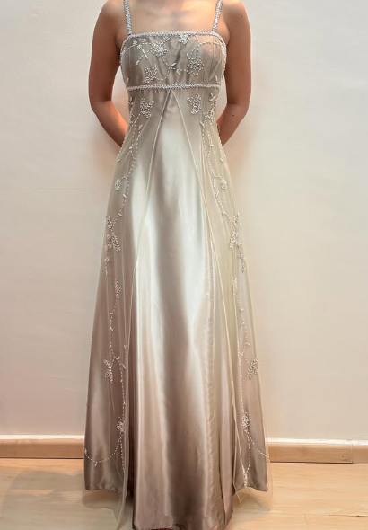 Vintage Spaghetti Straps Beaded Satin Evening Dress,A Line Formal Party Prom Dress