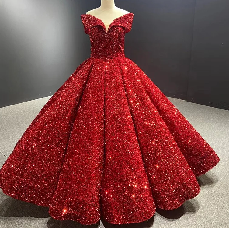 Royal blue sequin prom ball gown sweet 16 dress Off-the-Shoulder princess Quince dress - View 5 | FashionDia