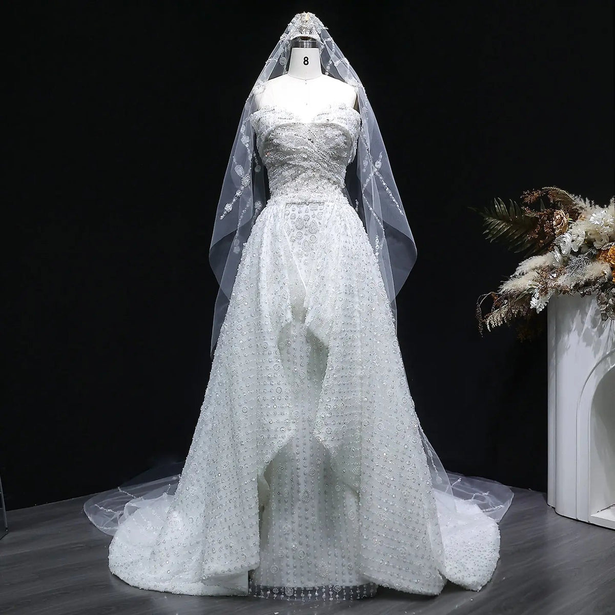 Luxury White Off-the-Shoulder Train Wedding Dress with Veil ZP153