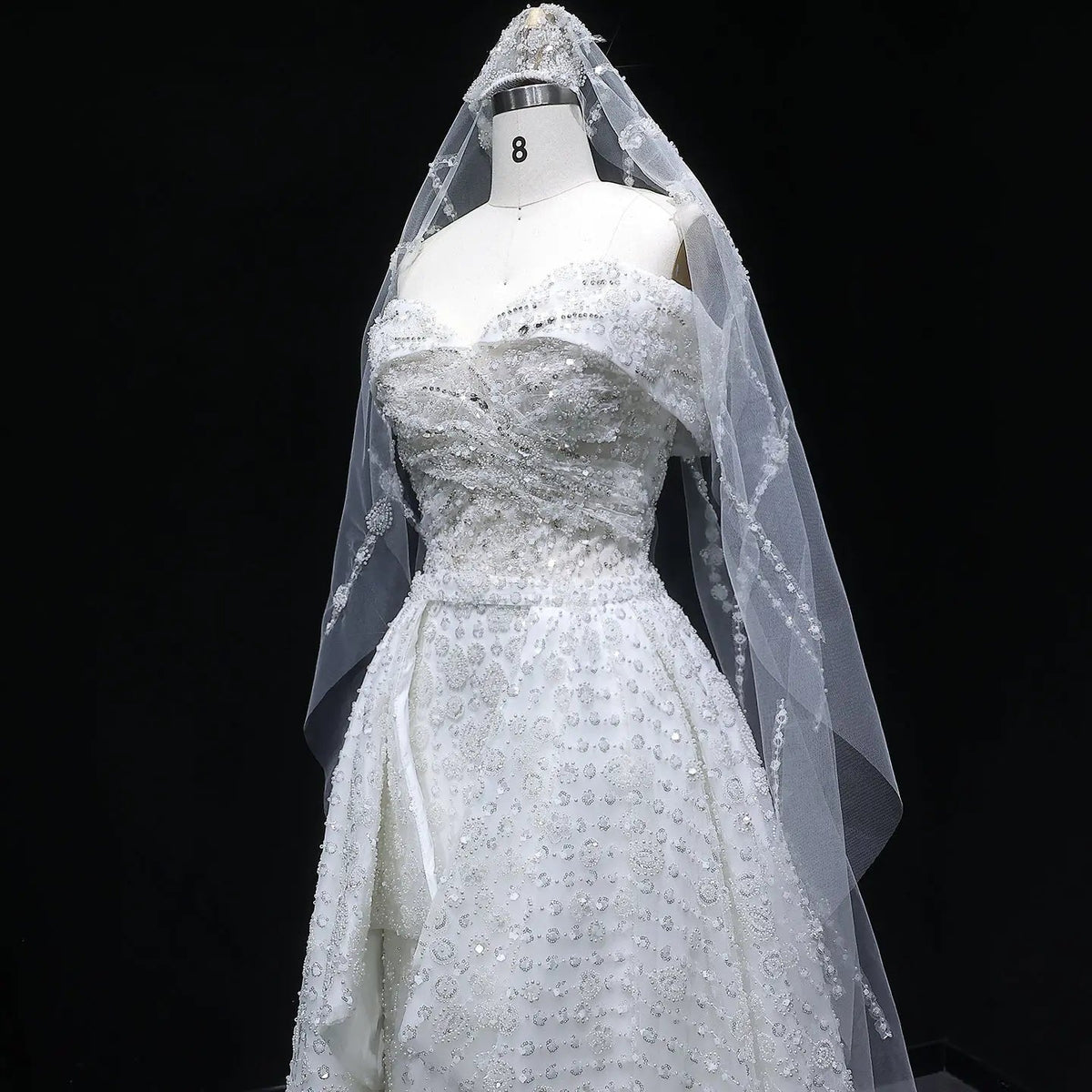 Luxury White Off-the-Shoulder Train Wedding Dress with Veil ZP153