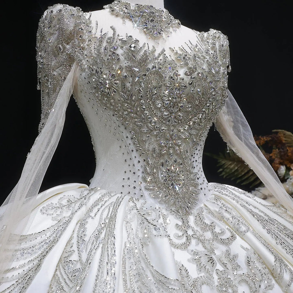 Luxury Long Sleeve Ivory Wedding Dress with Crystal Embroidered Details ZP162