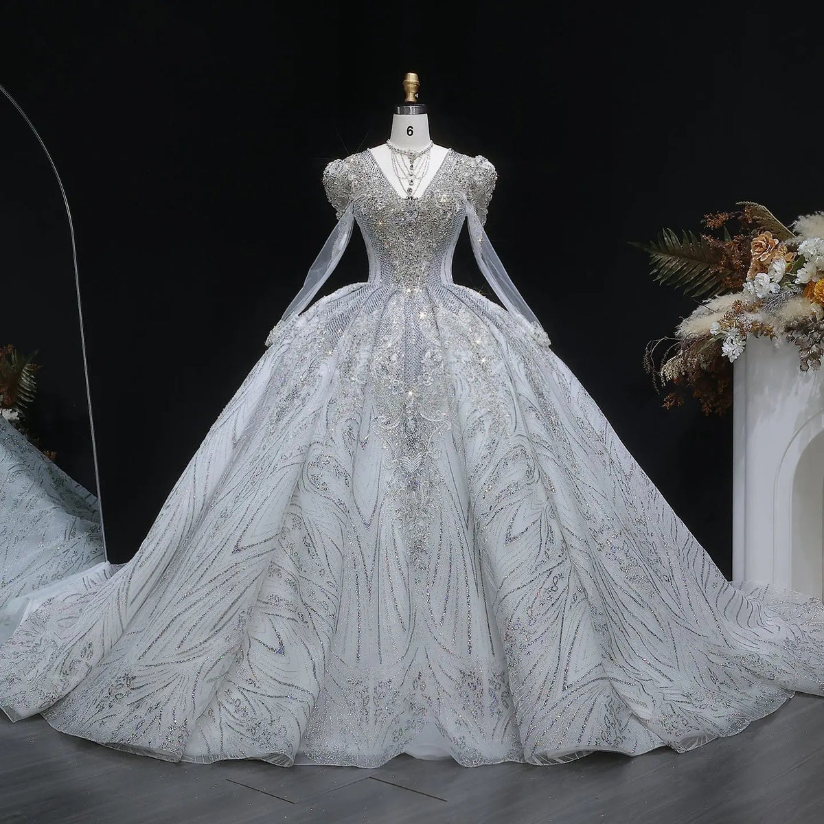 Glamorous White Diamond Embroidered Long Sleeve Wedding Dress ZP163