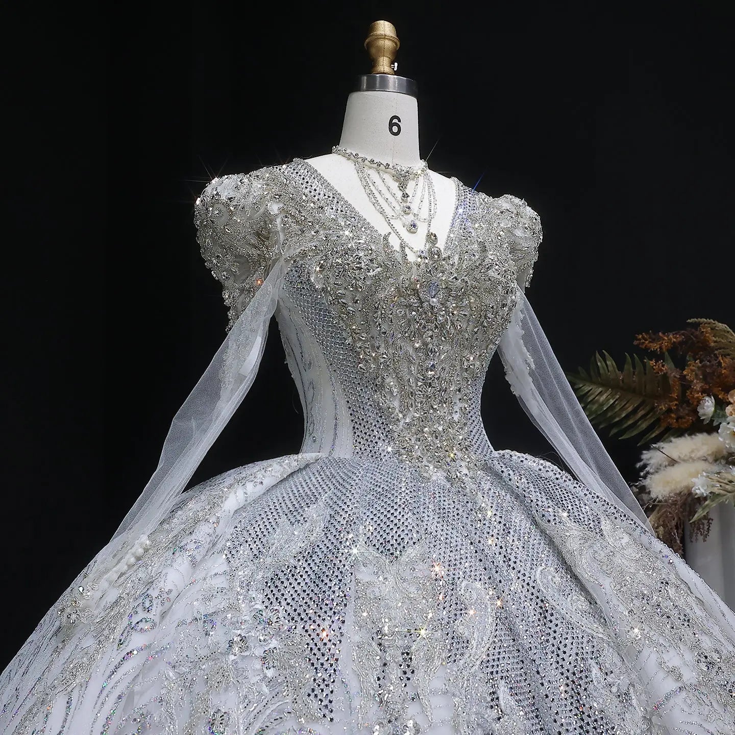 Glamorous White Diamond Embroidered Long Sleeve Wedding Dress ZP163