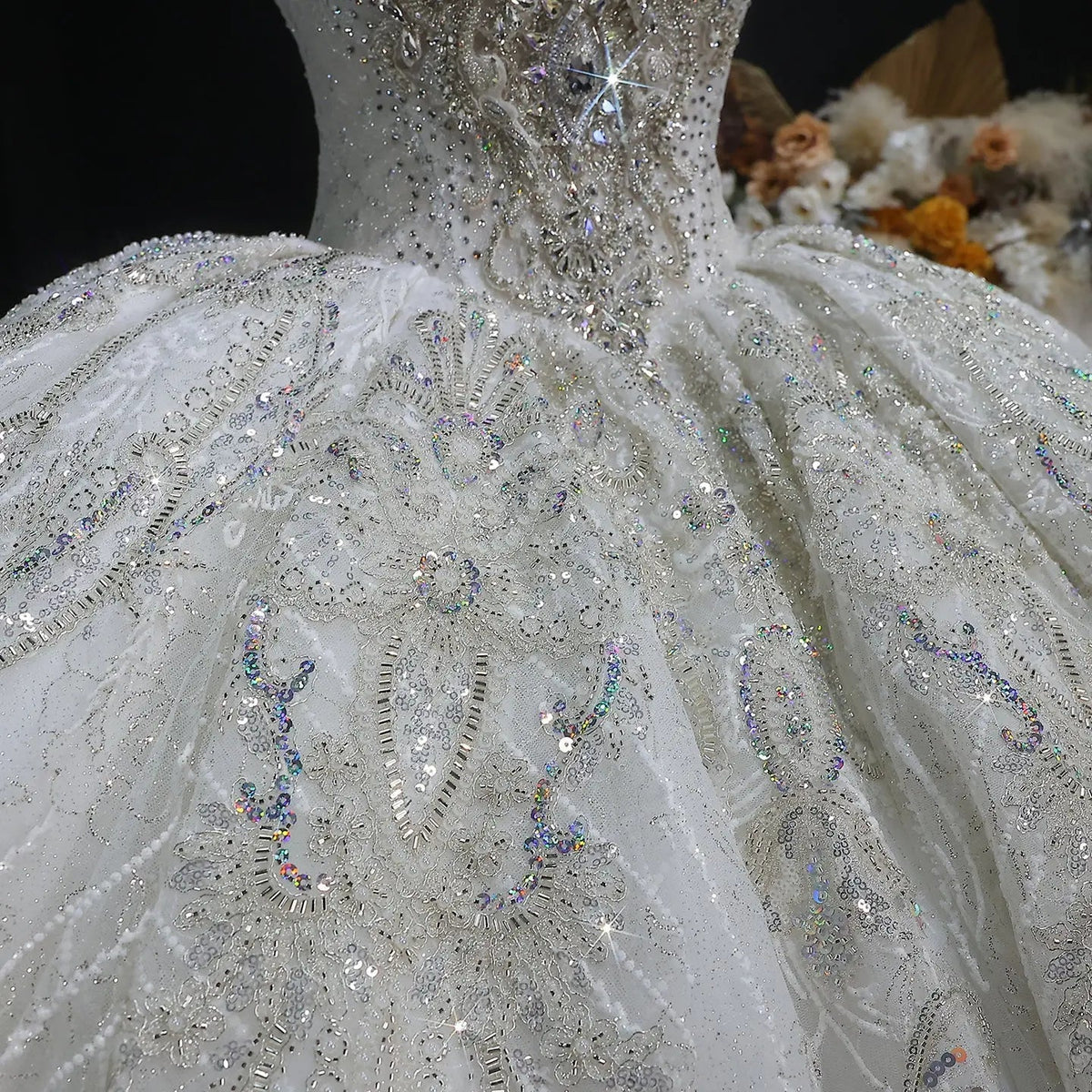 Luxury Sparkly White Ball Gown with Full-Sequin Embroidery Wedding Dress ZP164