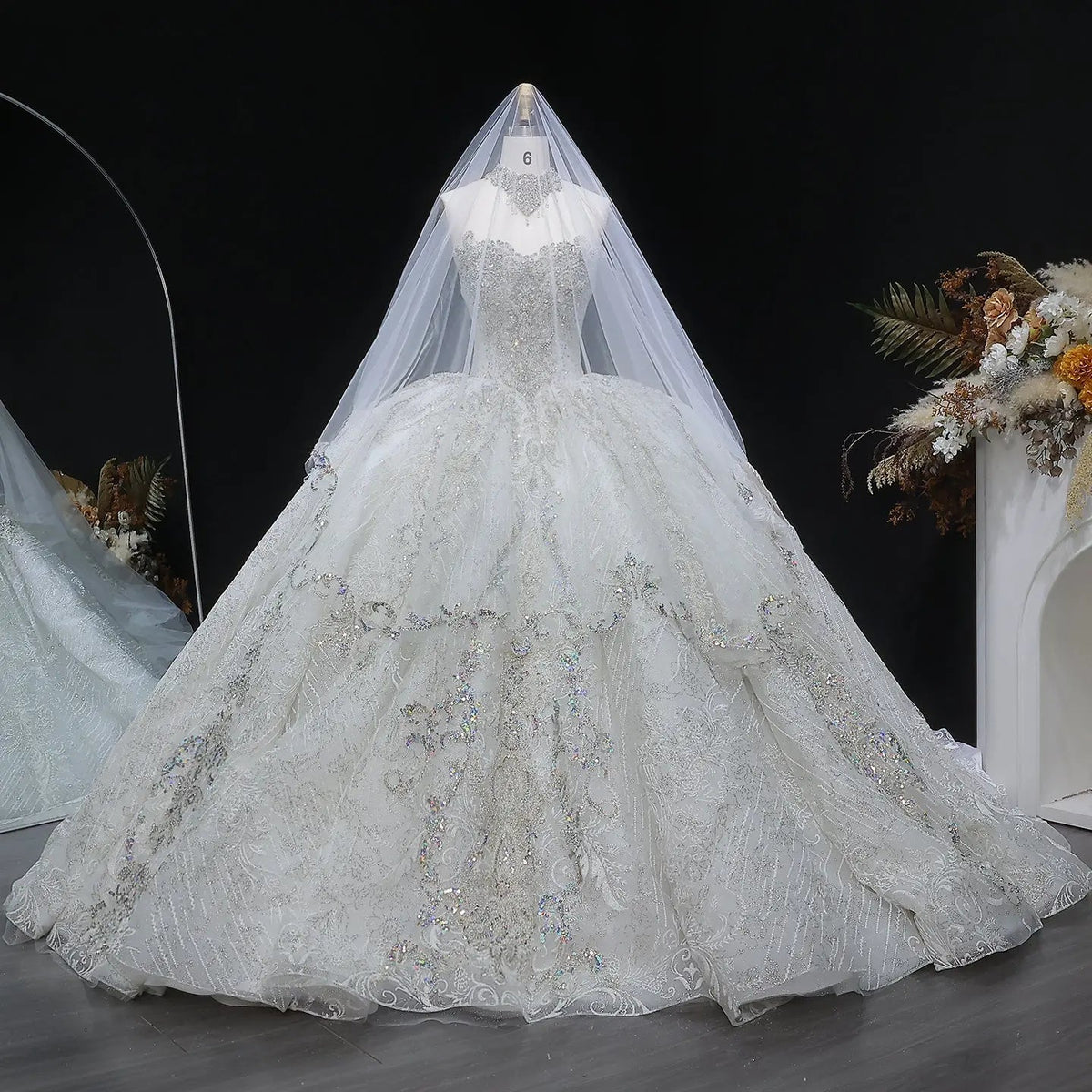 Luxury Sparkly White Ball Gown with Full-Sequin Embroidery Wedding Dress ZP164