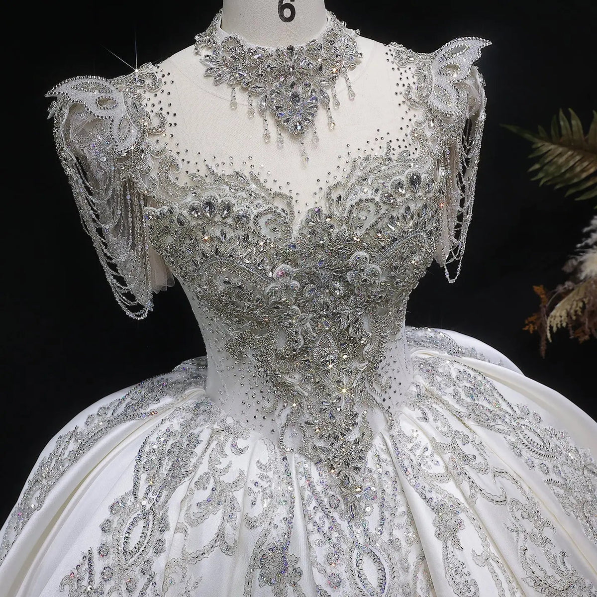 Luxury Satin Ivory Ball Gown with Silver Floral Embroidery Wedding Dress ZP165 - View 13 | VelvetHem