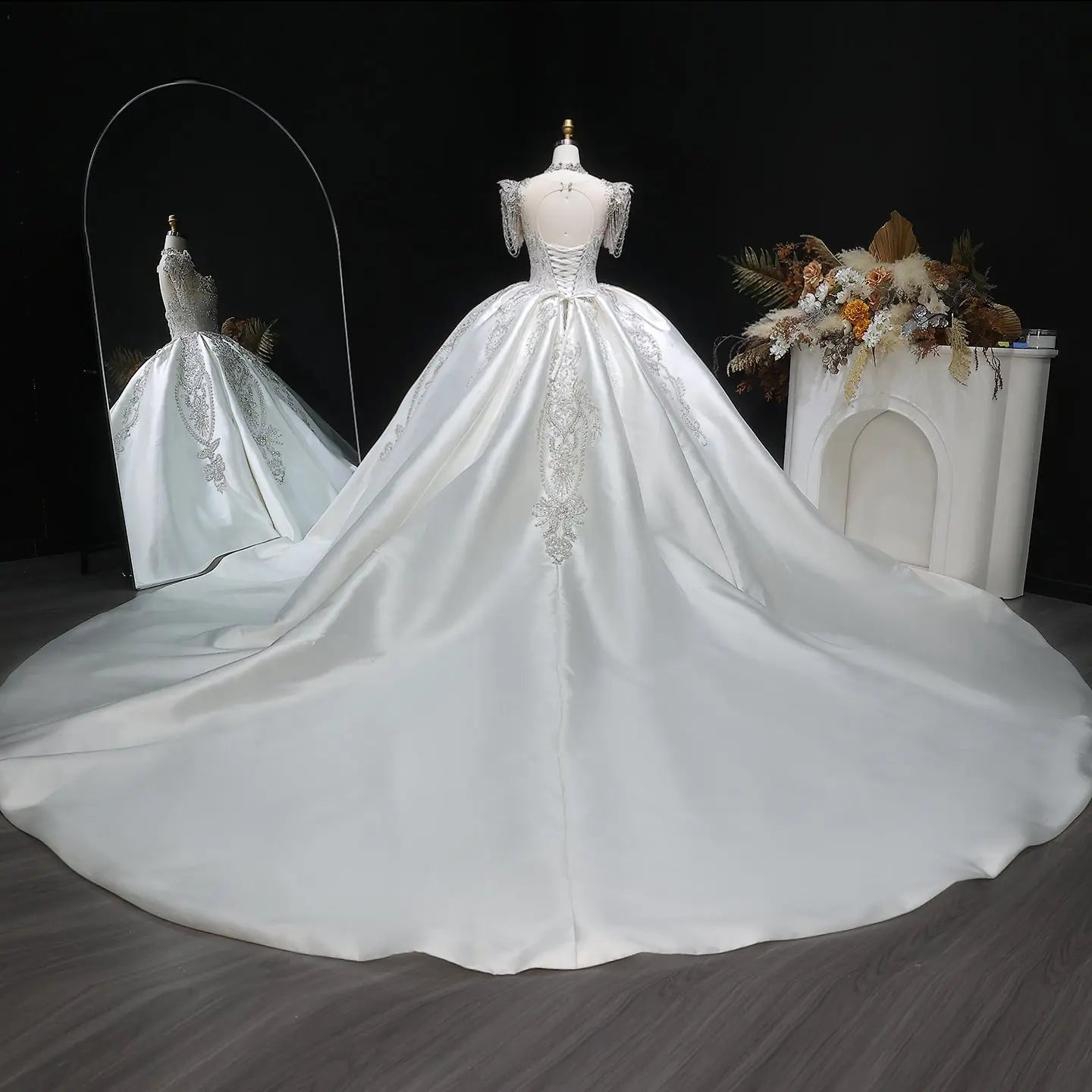 Luxury Satin Ivory Ball Gown with Silver Floral Embroidery Wedding Dress ZP165 - View 15 | VelvetHem