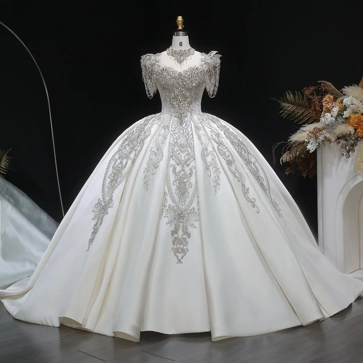 Luxury Satin Ivory Ball Gown with Silver Floral Embroidery Wedding Dress ZP165 - VelvetHem