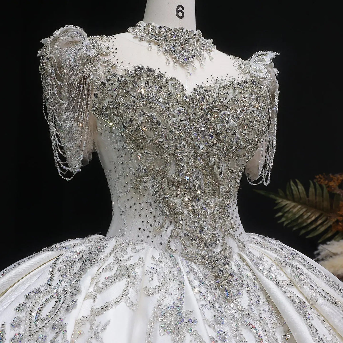 Luxury Satin Ivory Ball Gown with Silver Floral Embroidery Wedding Dress ZP165