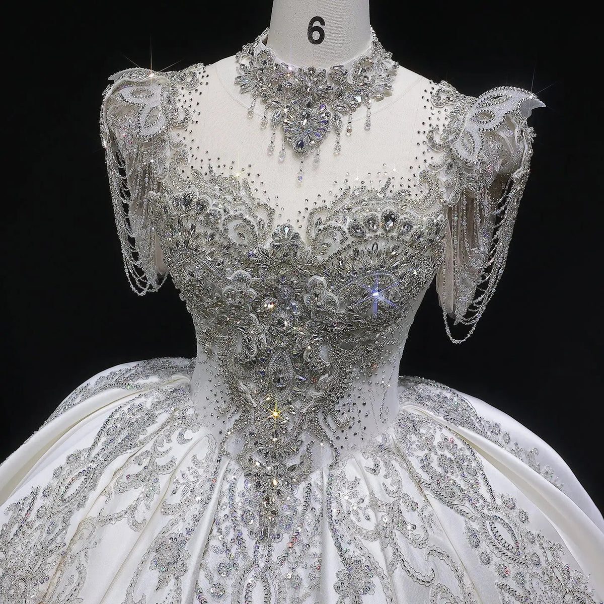 Luxury Satin Ivory Ball Gown with Silver Floral Embroidery Wedding Dress ZP165