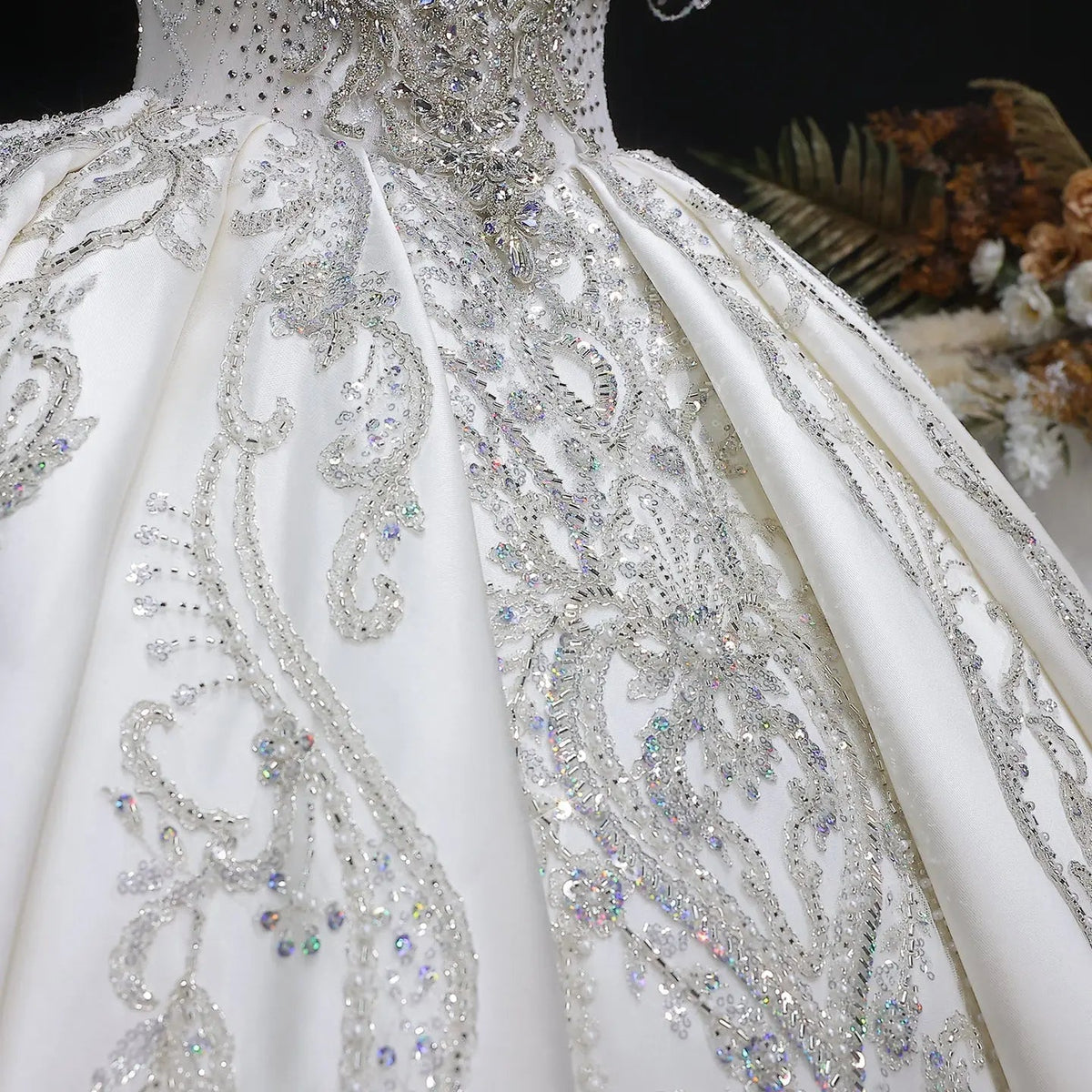 Luxury Satin Ivory Ball Gown with Silver Floral Embroidery Wedding Dress ZP165 - View 6 | VelvetHem