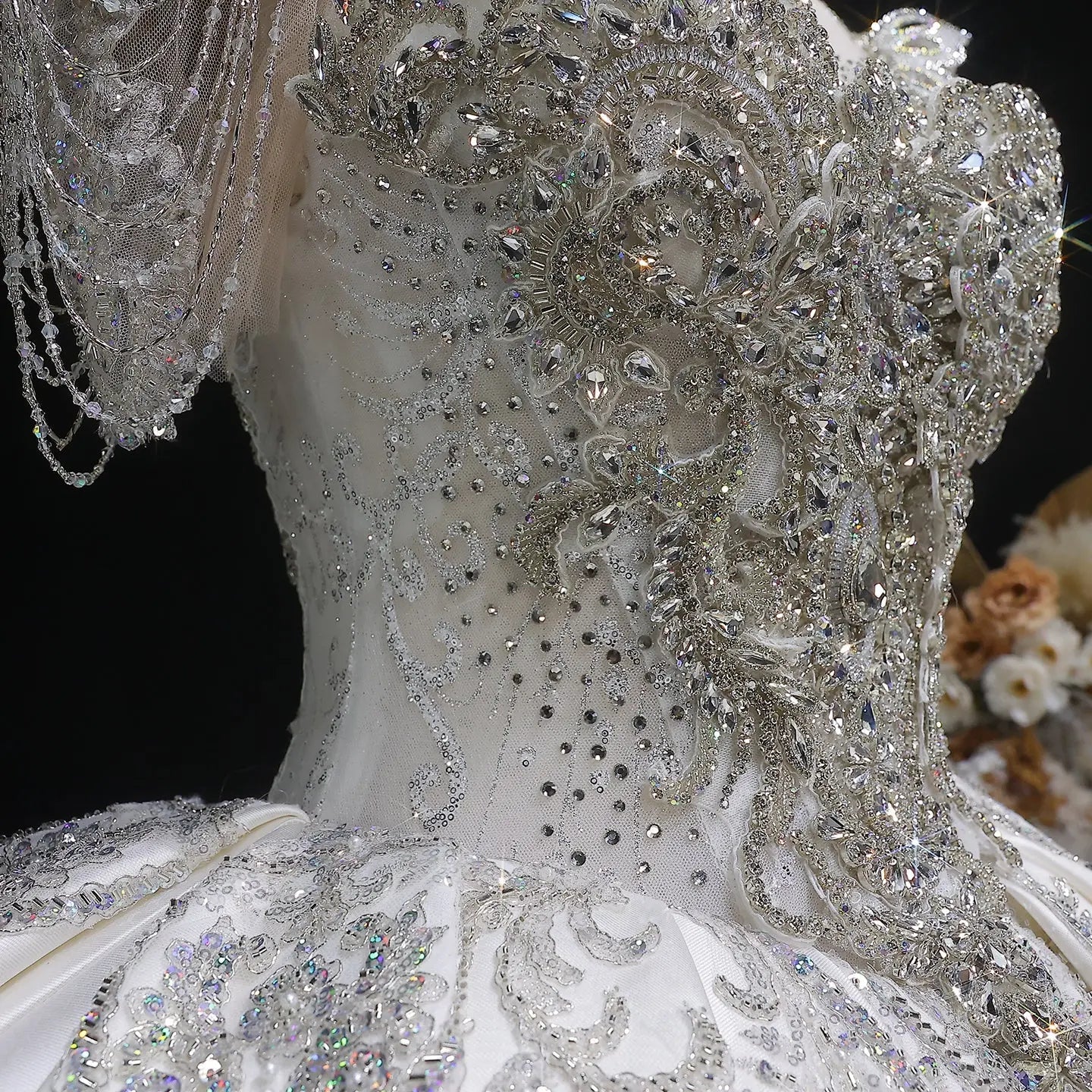 Luxury Satin Ivory Ball Gown with Silver Floral Embroidery Wedding Dress ZP165
