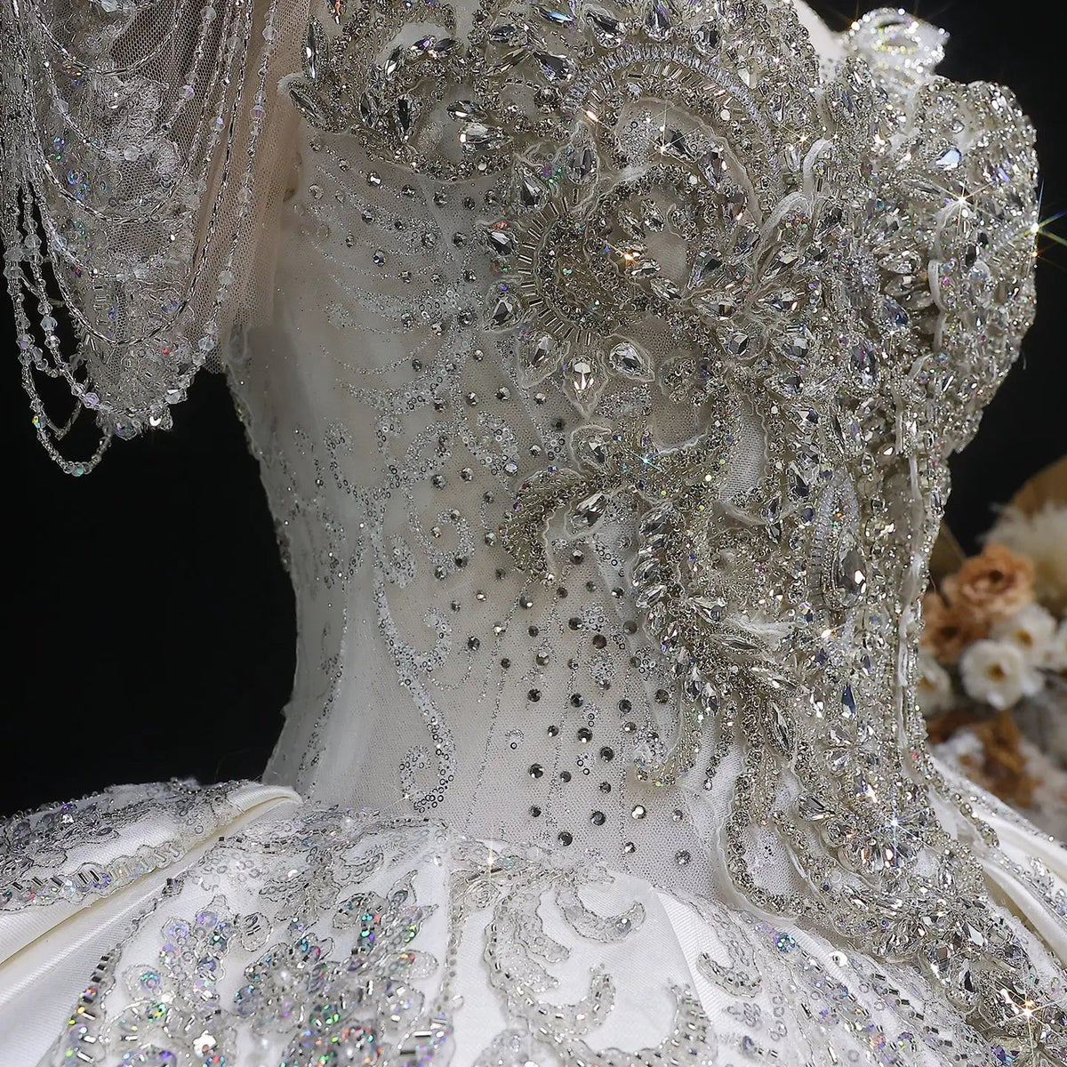 Luxury Satin Ivory Ball Gown with Silver Floral Embroidery Wedding Dress ZP165 - View 7 | VelvetHem