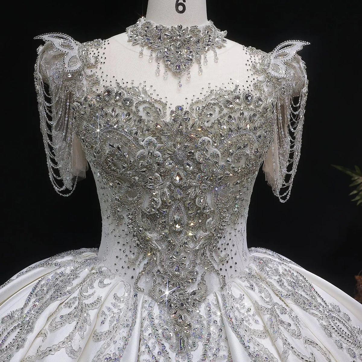 Luxury Satin Ivory Ball Gown with Silver Floral Embroidery Wedding Dress ZP165
