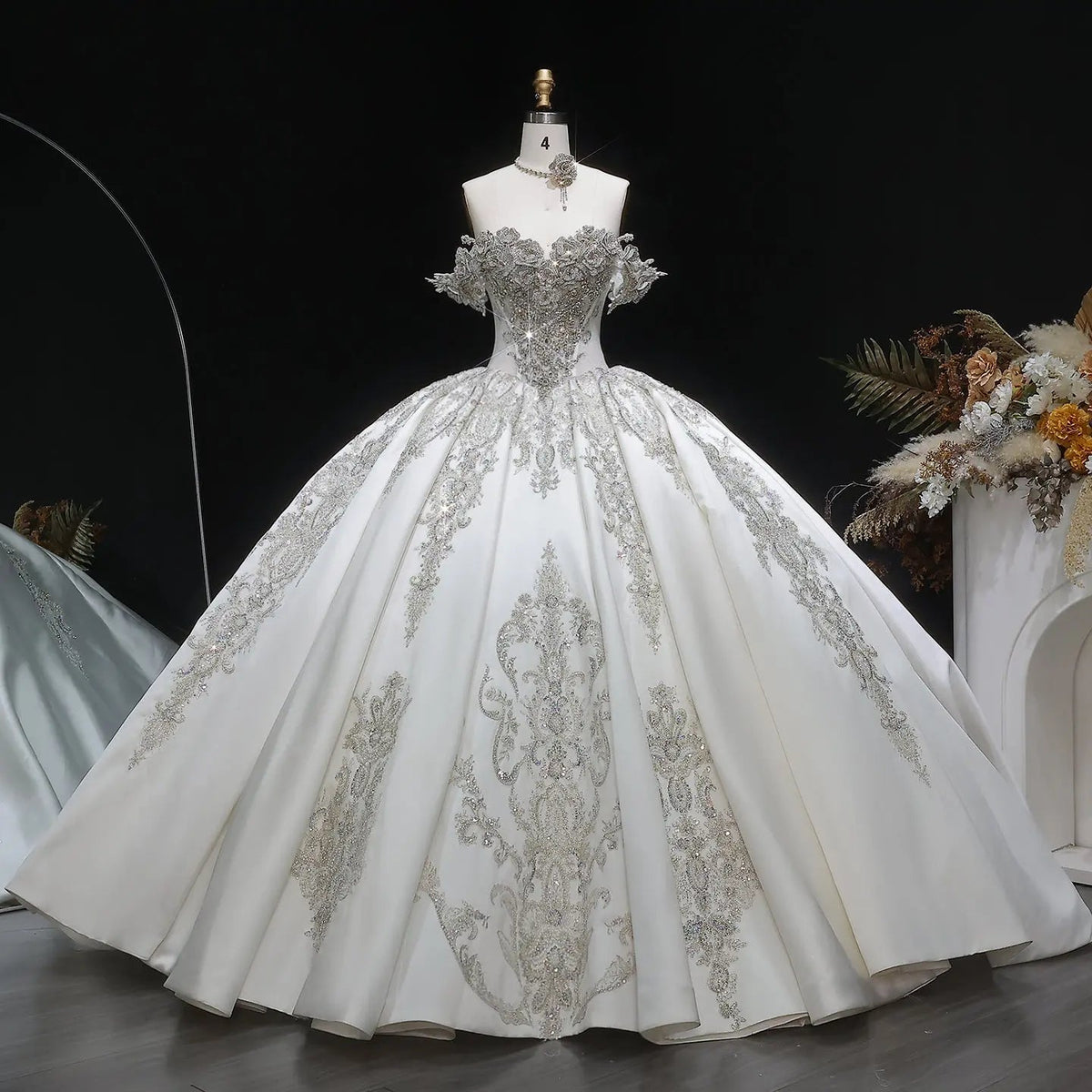 Ivory Luxury Satin Ball Gown with Silver Embroidery Wedding Dress ZP166 - VelvetHem