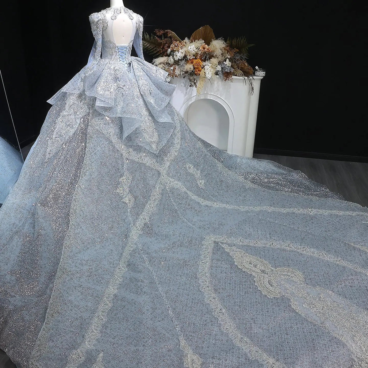 Luxury Blue Sequin Embroidery Ball Gown Wedding Dress ZP154 - View 6 | VelvetHem