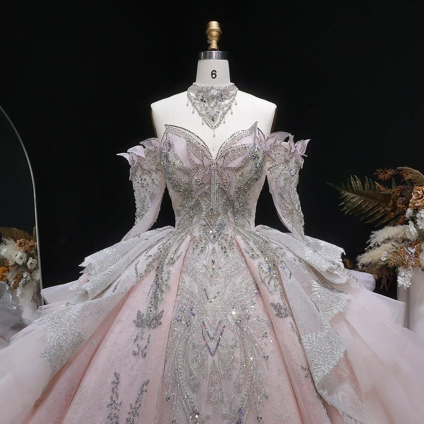 Luxury Embroidery Puff Sleeve Ball Gown Wedding Dress ZP156 - View 2 | VelvetHem