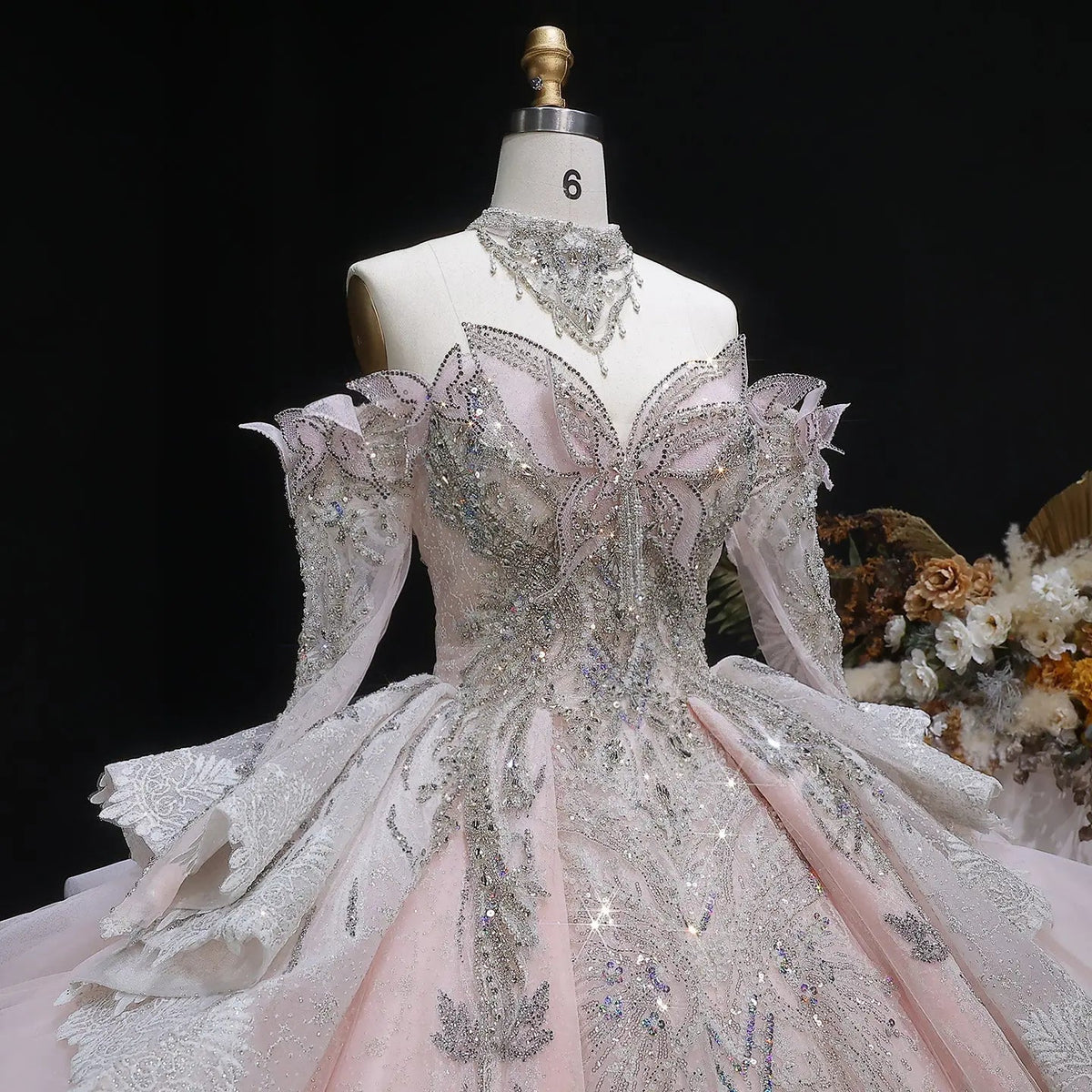 Luxury Embroidery Puff Sleeve Ball Gown Wedding Dress ZP156 - View 3 | VelvetHem