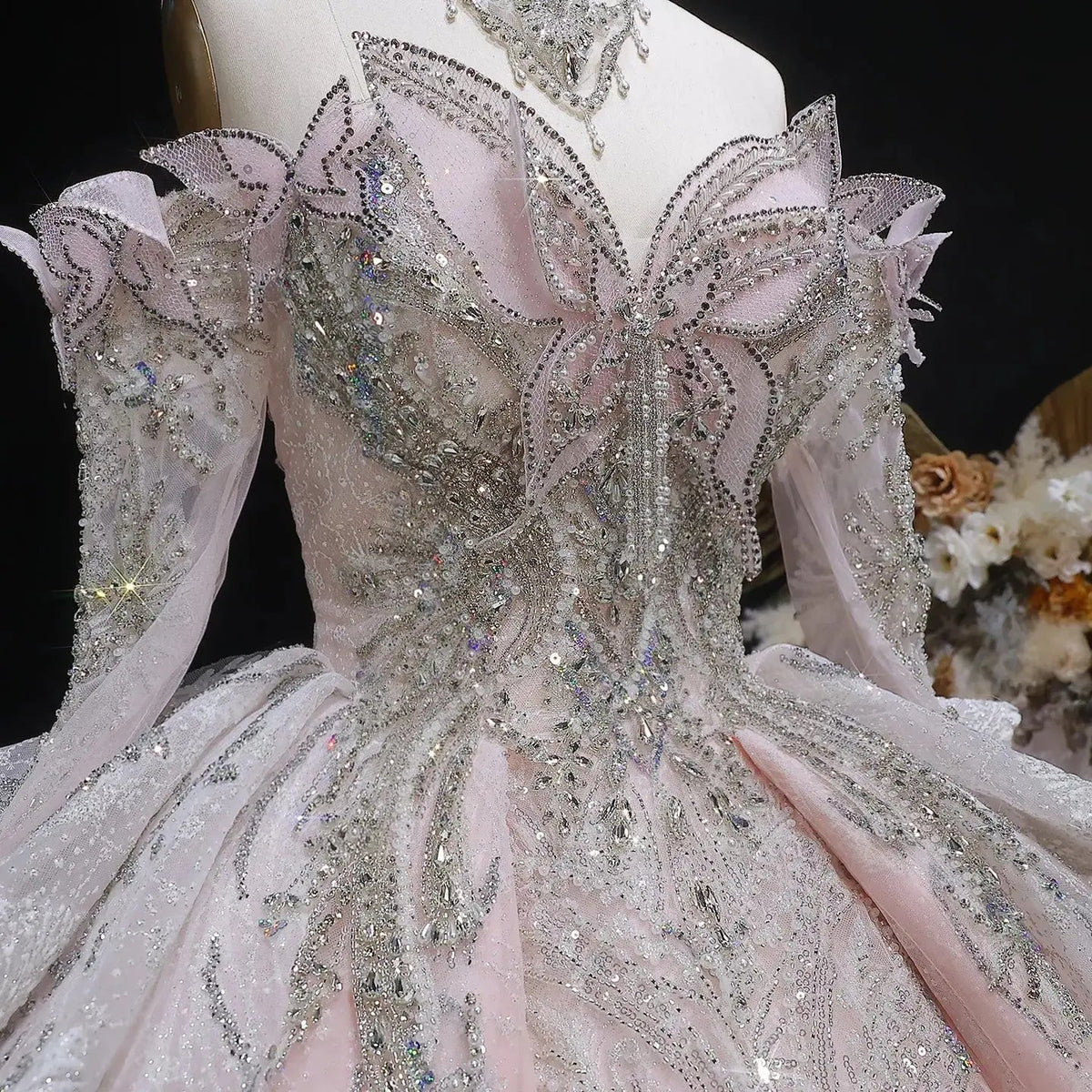 Luxury Embroidery Puff Sleeve Ball Gown Wedding Dress ZP156 - View 4 | VelvetHem