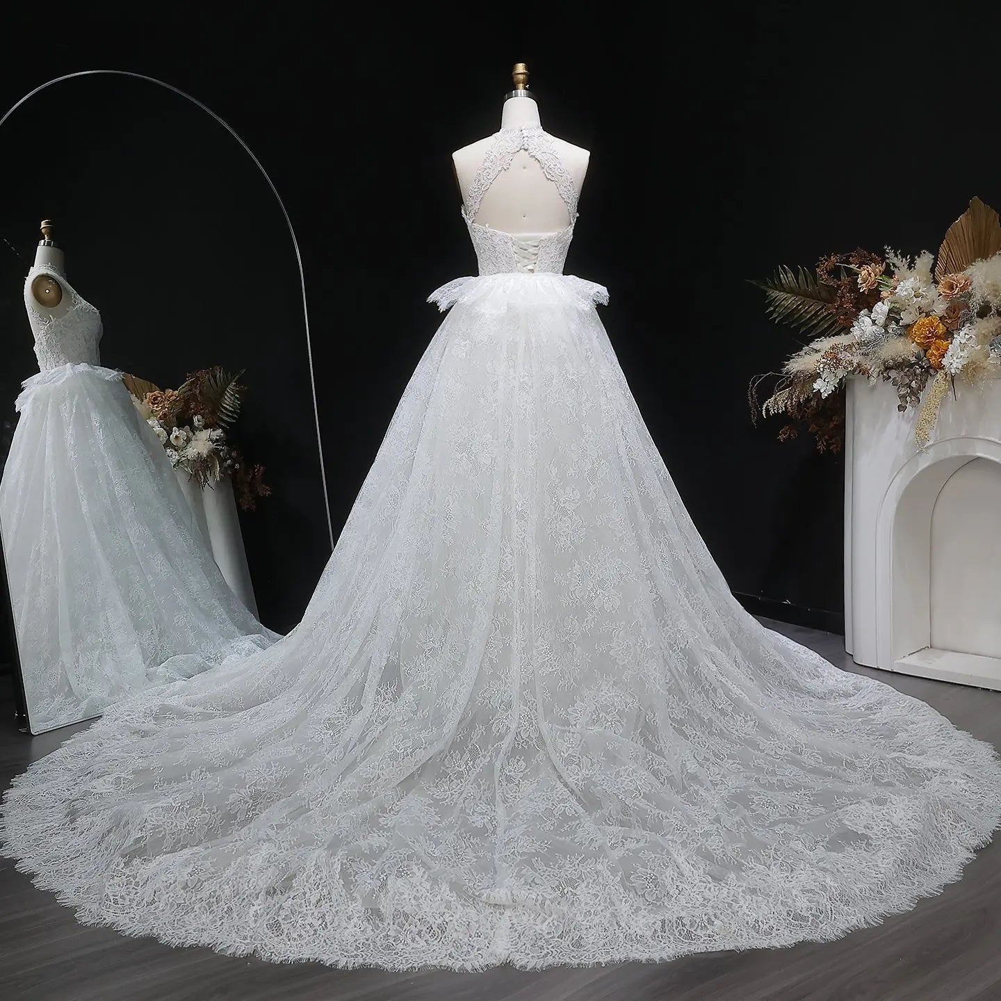 Luxury White A-Line Wedding Dress with Lace Embroidery and Overskirt ZP167