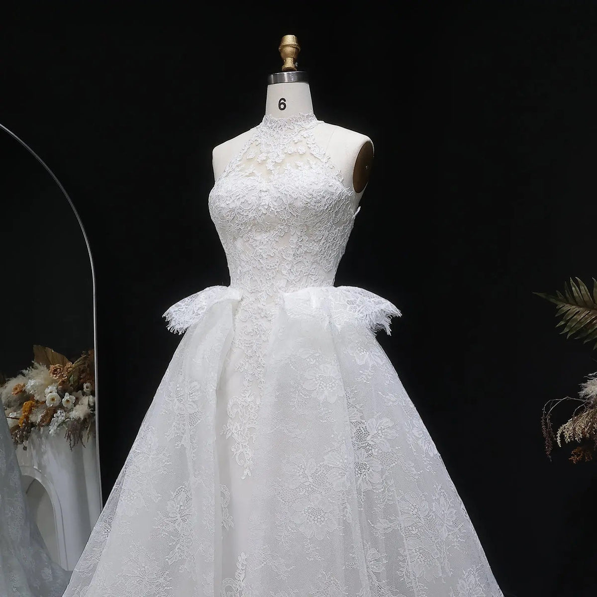 Luxury White A-Line Wedding Dress with Lace Embroidery and Overskirt ZP167