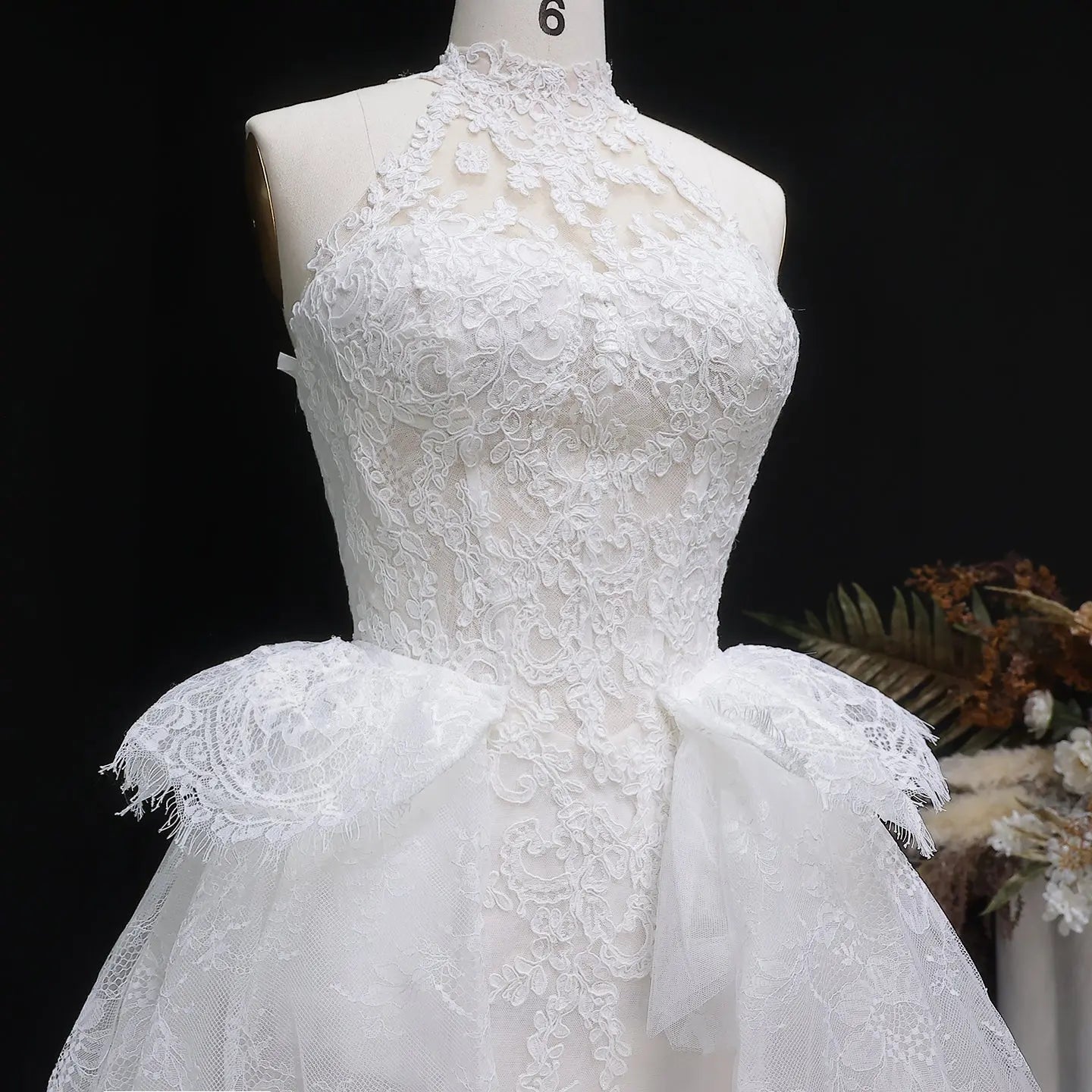 Luxury White A-Line Wedding Dress with Lace Embroidery and Overskirt ZP167