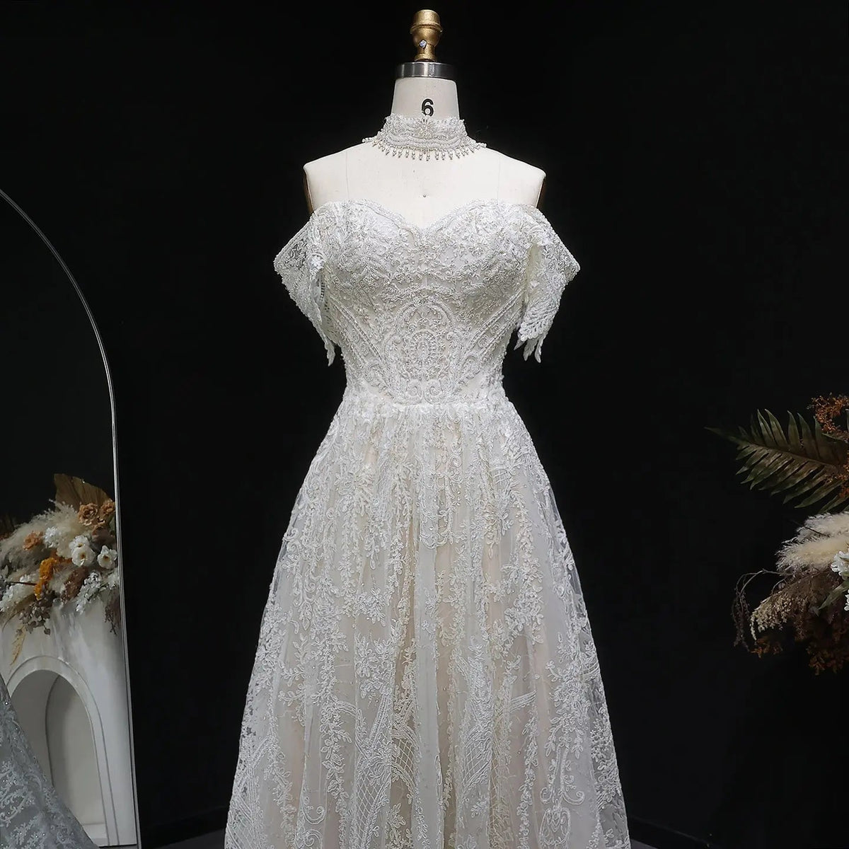 Off White Elegant Lace Pearl Embroidery Ball Gown Wedding Dress ZP168 - View 2 | VelvetHem