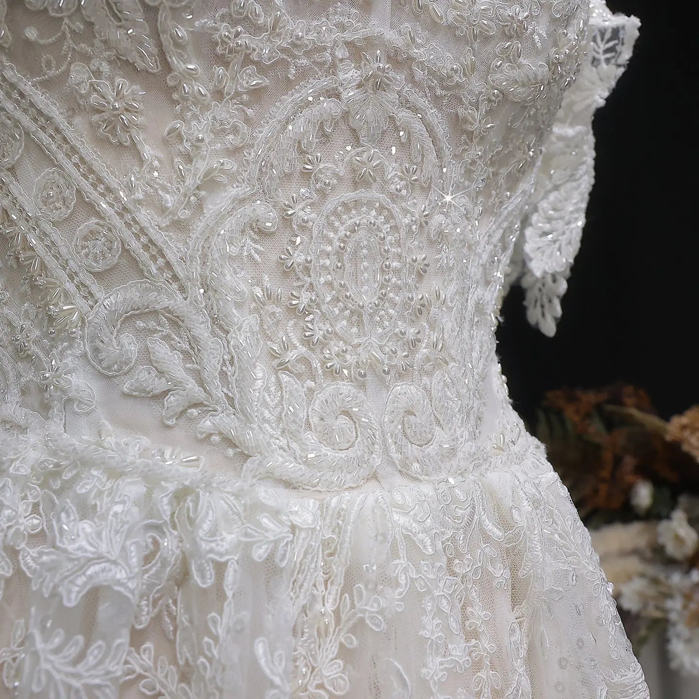 Off White Elegant Lace Pearl Embroidery Ball Gown Wedding Dress ZP168