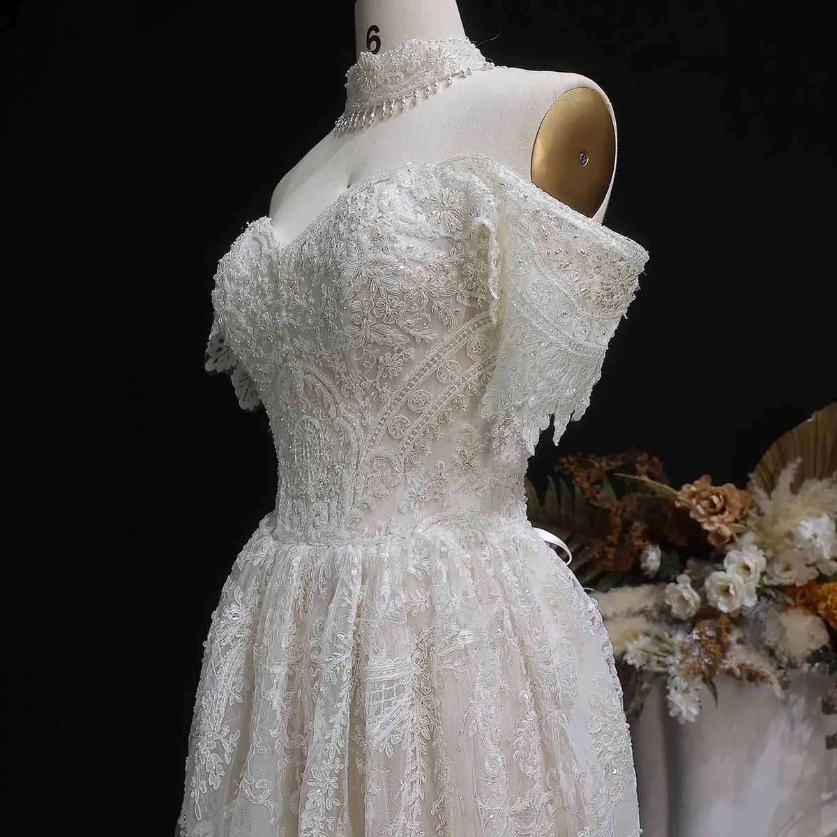 Off White Elegant Lace Pearl Embroidery Ball Gown Wedding Dress ZP168