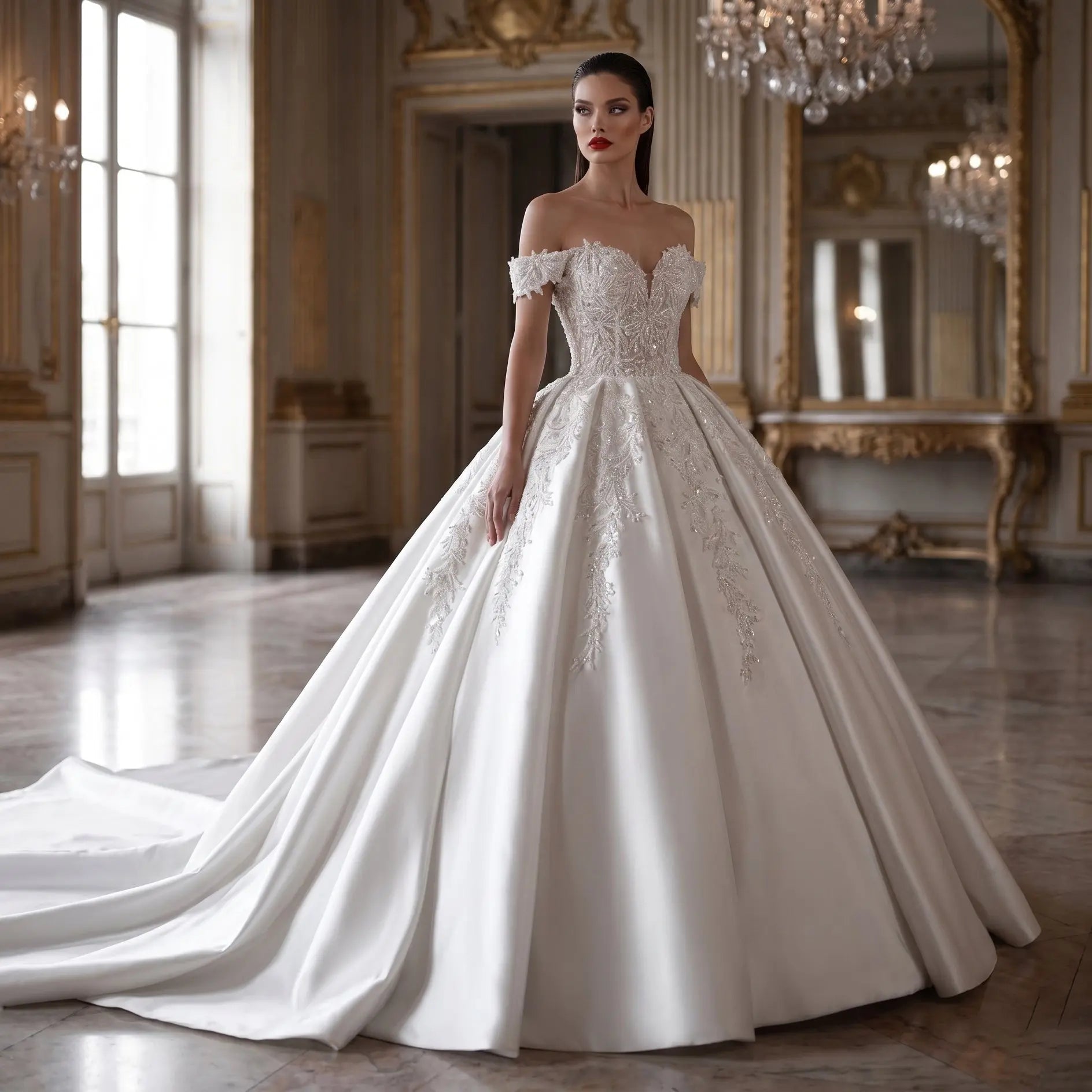 Luxury White Off-the-Shoulder Lace Satin Ball Gown Wedding Dress ZP069