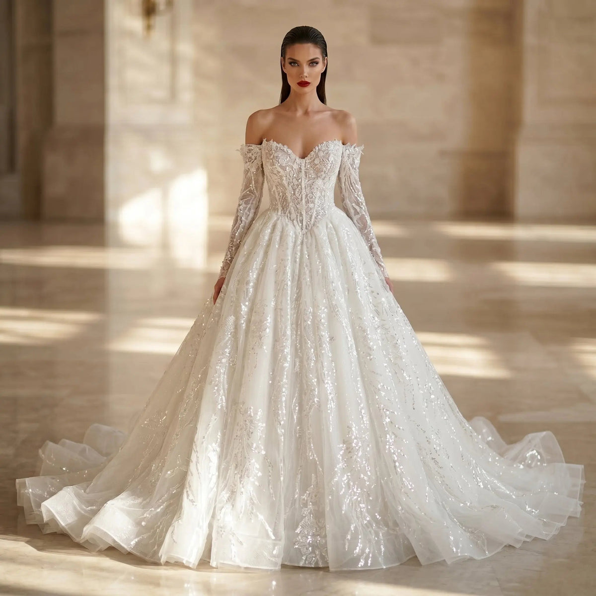 Luxury White Off-the-Shoulder Long Sleeve Lace Tulle Ball Gown Wedding Dress ZP068
