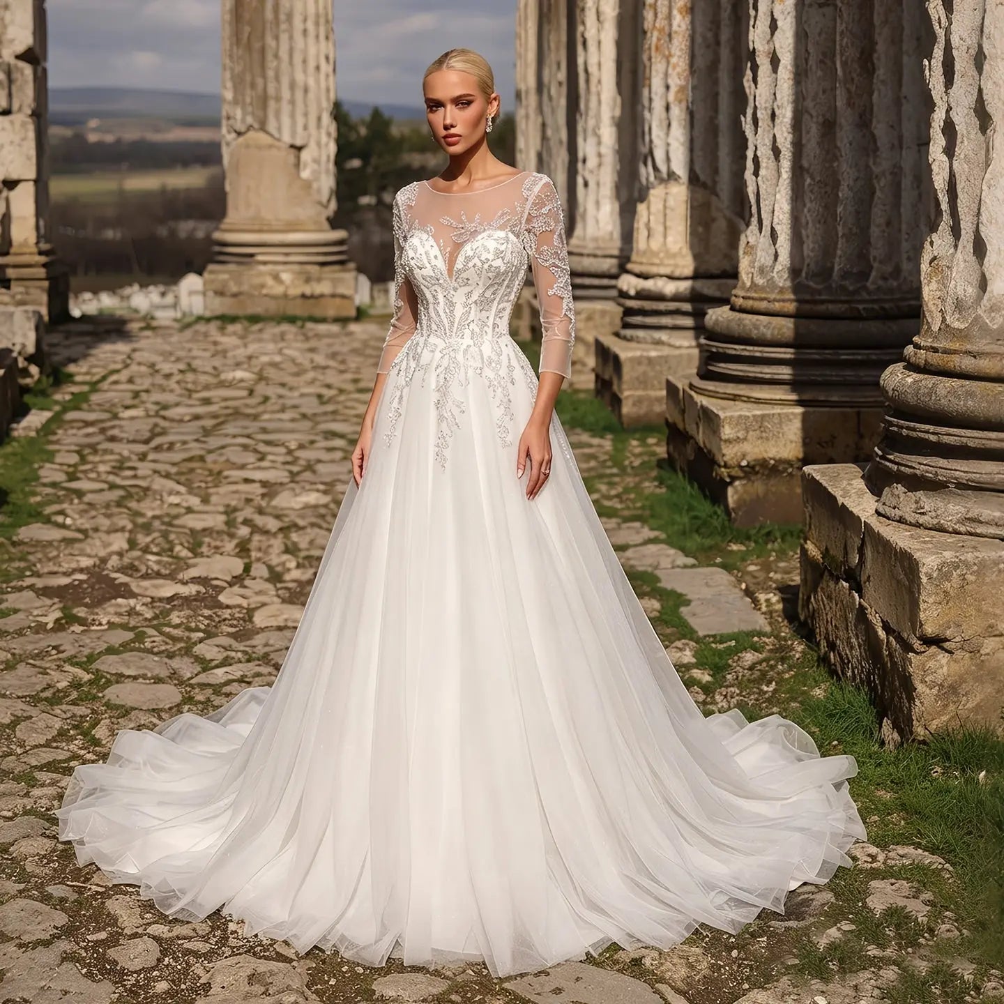 Glamorous White Illusion Neck Lace & Tulle Wedding Dress with Cathedral Train ZP063