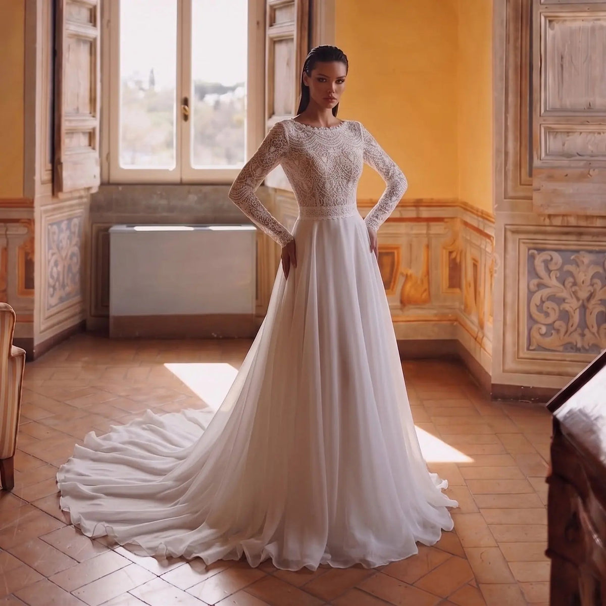 Glamorous White Long Sleeve Lace Wedding Dress with Removable Chiffon Overlay ZP058