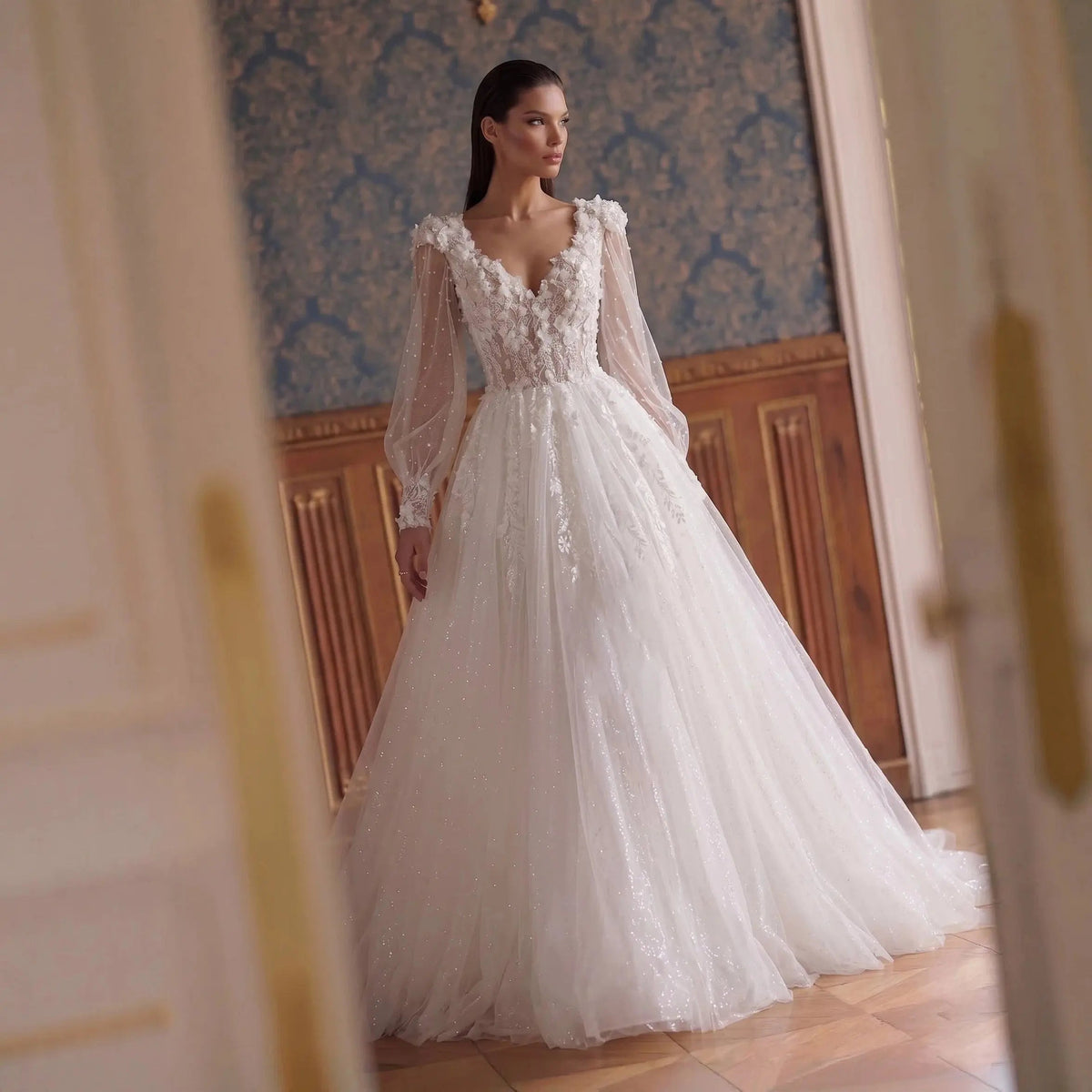 Elegant White V-Neck Long Sleeve Lace-Up Back A-Line Wedding Dress ZP060