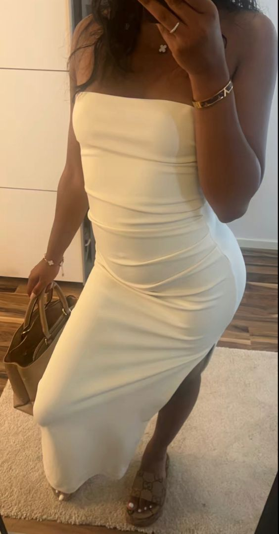 Classy White Strapless Sheath Prom Dress With Split - View 2 | FashionDia