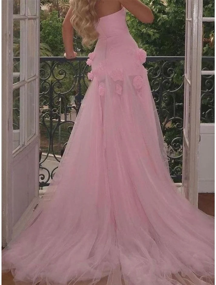 Beautiful Pink Strapless Tulle Rose Flowers Prom Dress Mermaid Slit Evening Dress Wedding Dress - View 4 | FashionDia