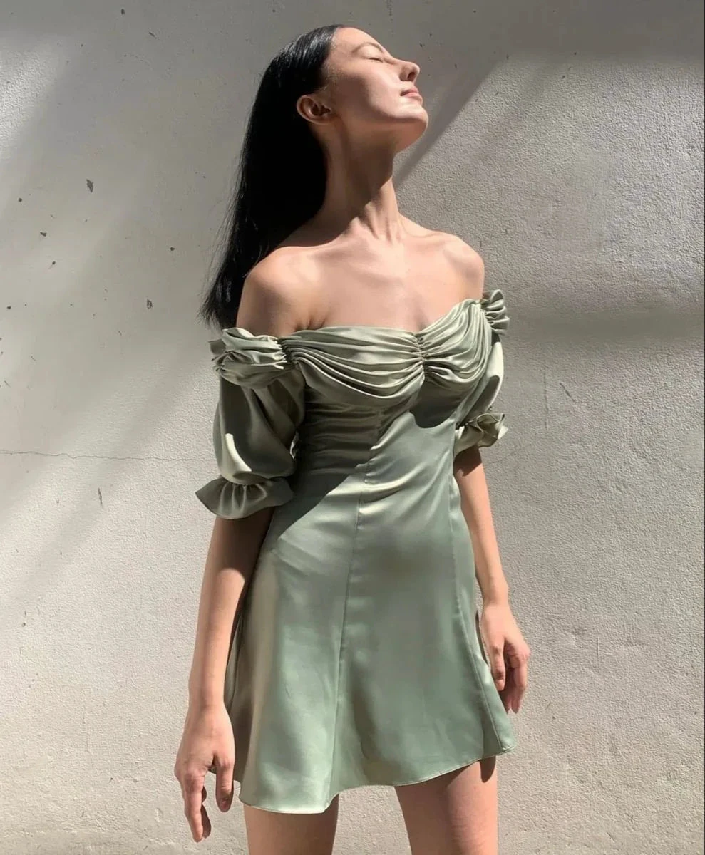 Women's Summer Puff Sleeve Off The Shoulder Homecoming Dress Y2505 by simplepromdress