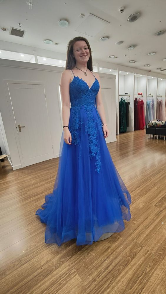 Blue Tulle Lace Long Prom Dress, V-Neck Formal Evening Dress - FashionDia