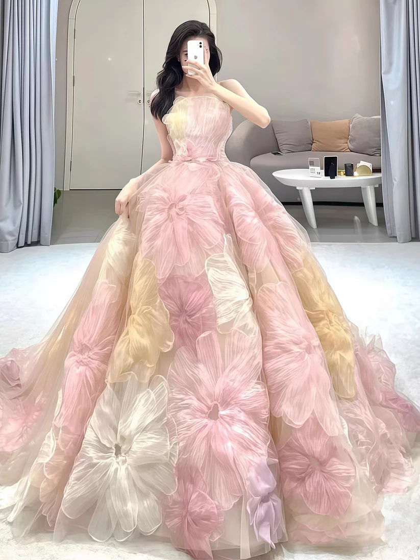 Gorgeous Strapless Tulle Flowers A Line Ball Gown Fairy Wedding Dress