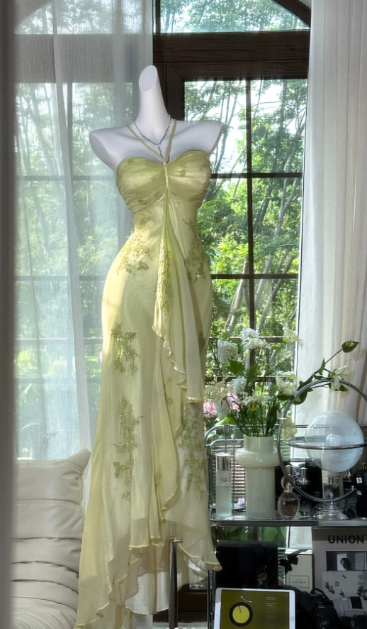 Vintage Halter Green Chiffon Beaded Mermaid Prom Dress Long Party Dress - FashionDia