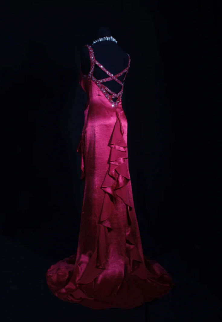 Pretty V-Neck Hot Pink Satin Pleated Beaded Ruffles Mermaid Evening Dress Long Prom Dress - View 3 | FashionDia