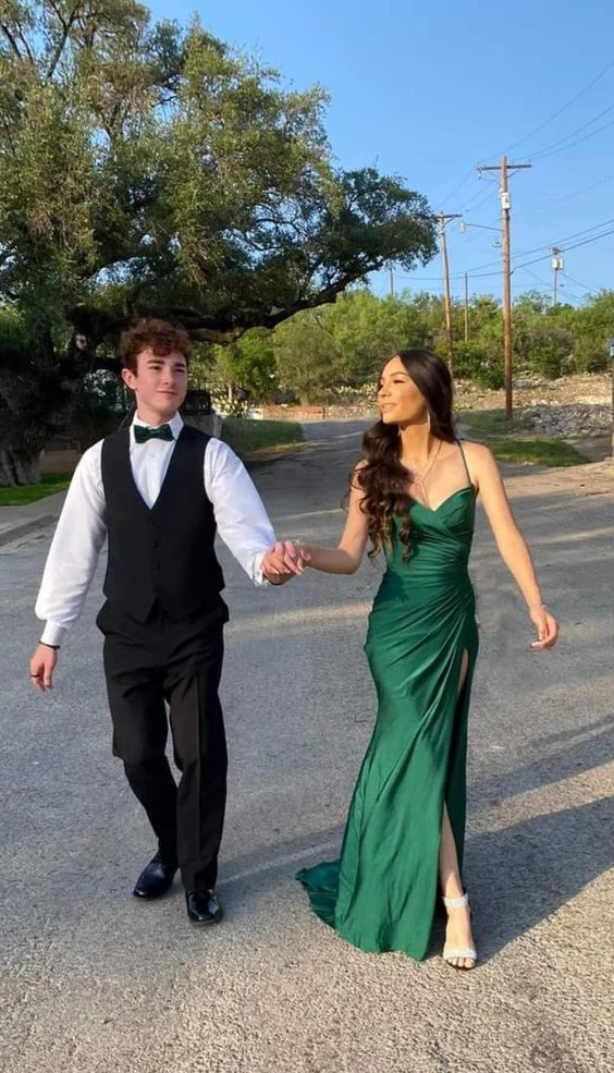 Spaghetti Straps Green Mermaid Slit Prom Dress Sexy party Evening Gown
