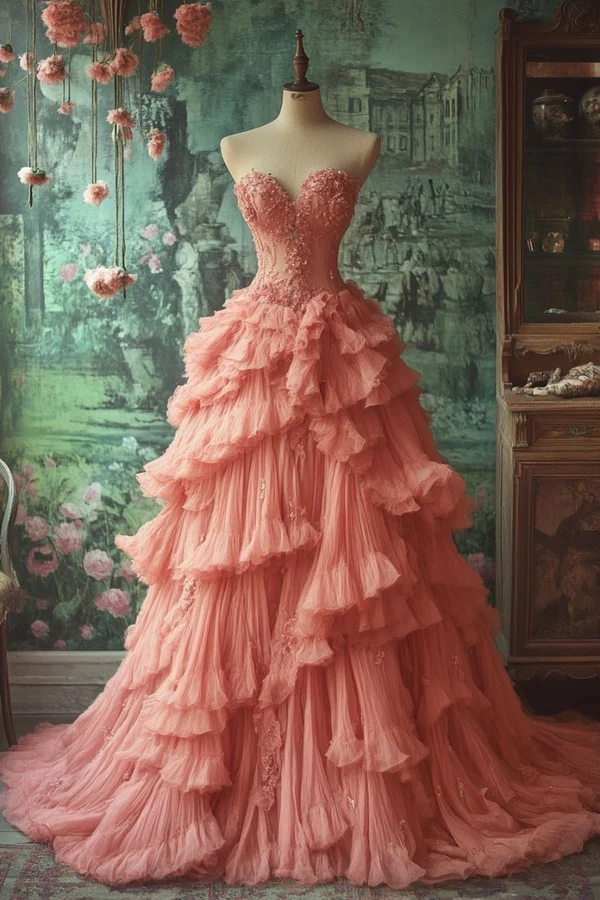 Vintage Pink Sweetheart Neck Tulle Ruffles Long Ball Gown Sweet Beaded Appliques Prom Dress - FashionDia