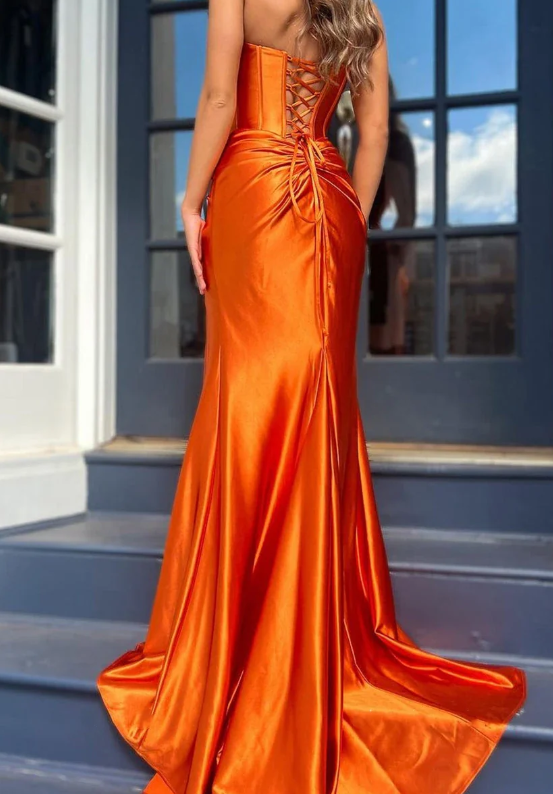 Beautiful Orange Strapless Pleated Slit Evening Dress Mermaid Prom Party Dress