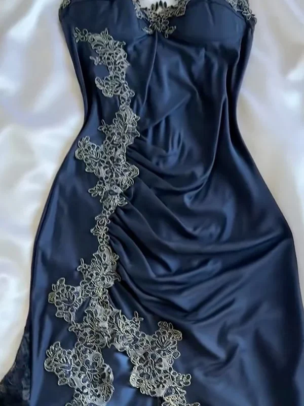 Vintage Navy Blue Satin Lace Appliques Mermaid Evening Dress,Long Party Prom Dress - View 5 | FashionDia