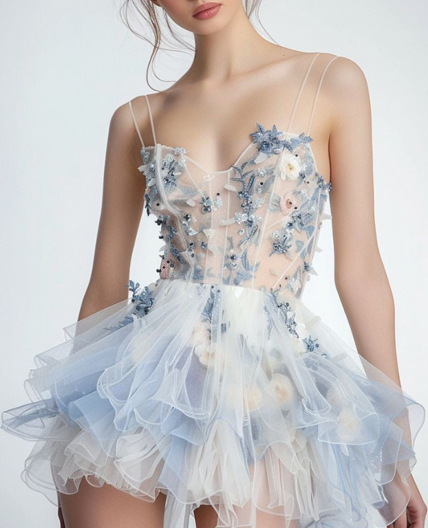 Classy Spaghetti Straps Tulle Beaded Applique A-Line Short Birthday Outfits Formal Graduation Homecoming Dress - View 3 | FashionDia