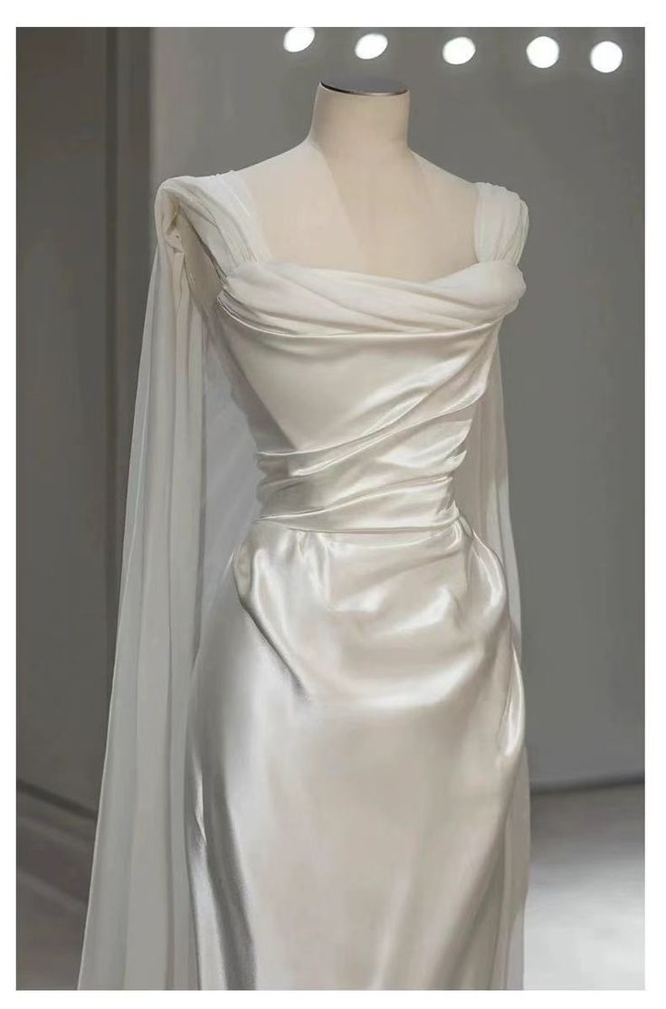 White Satin Pleated Straps Wedding Dress,Elegant Prom Evening Dress - View 3 | FashionDia